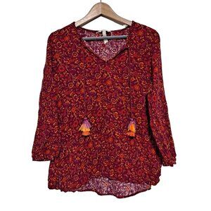 Matilda Jane Shirt Woman Small Red Floral Peasant Gauze Crepe Lightweight Boho